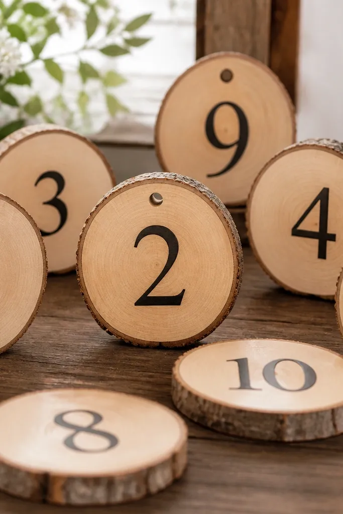 A close-up of round wood slices on a table. Black vinyl numbers sit in the center, each slice is sealed with a soft sheen, and the wood grain is visible around the edges. A few slices have tiny holes at the top for hanging, though most are standing on their flat backs.