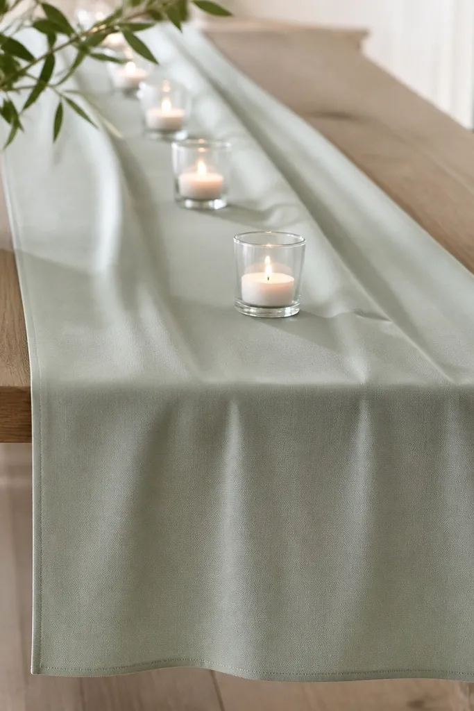 A long fabric runner draped across a table. The fabric has soft folds, and the edges look clean with a narrow hem. Small clear votive candles sit on top in a neat line.