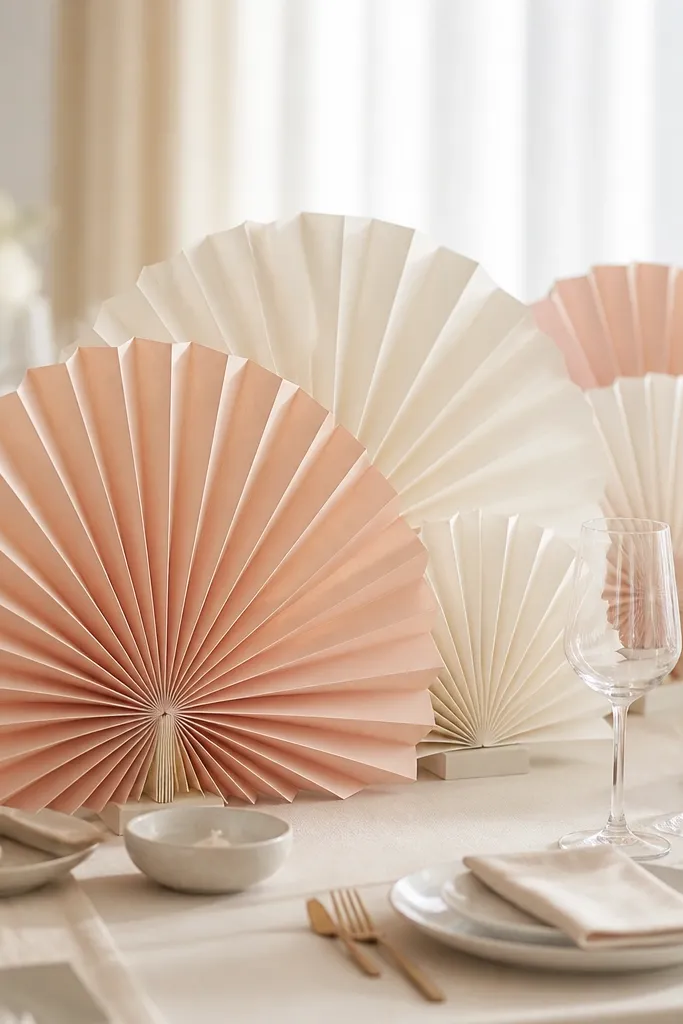 Multiple large paper fans in blush and warm white placed as centerpieces. Each fan is mounted on a low base and stays upright. The background shows tableware and a soft light.