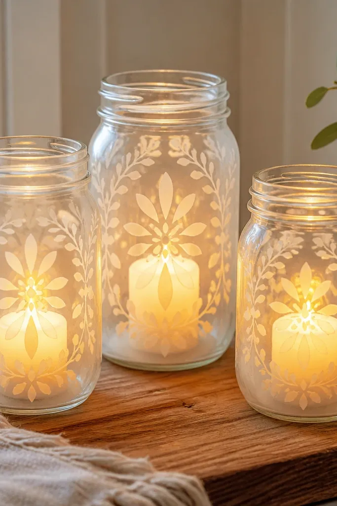 Clear mason jars with frosted-looking designs. The designs are uniform, made with stencil shapes. Inside, LED candles sit centered, and the jars catch warm light.