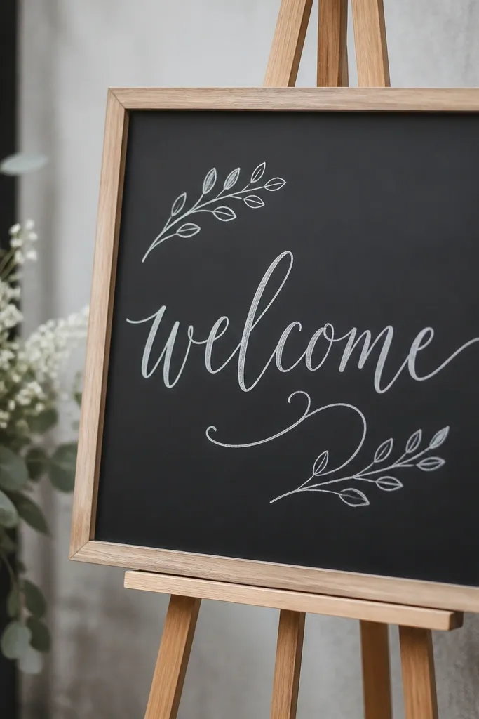 A framed sign with a matte dark surface. White handwriting reads welcome and has a few decorative flourishes. The frame is natural wood, and the sign sits on an easel.