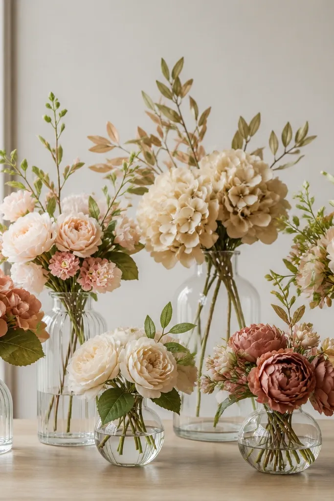 Several faux floral clusters arranged in small vases. The bouquets look coordinated, and the stems are trimmed to different heights. The vases are clear glass.