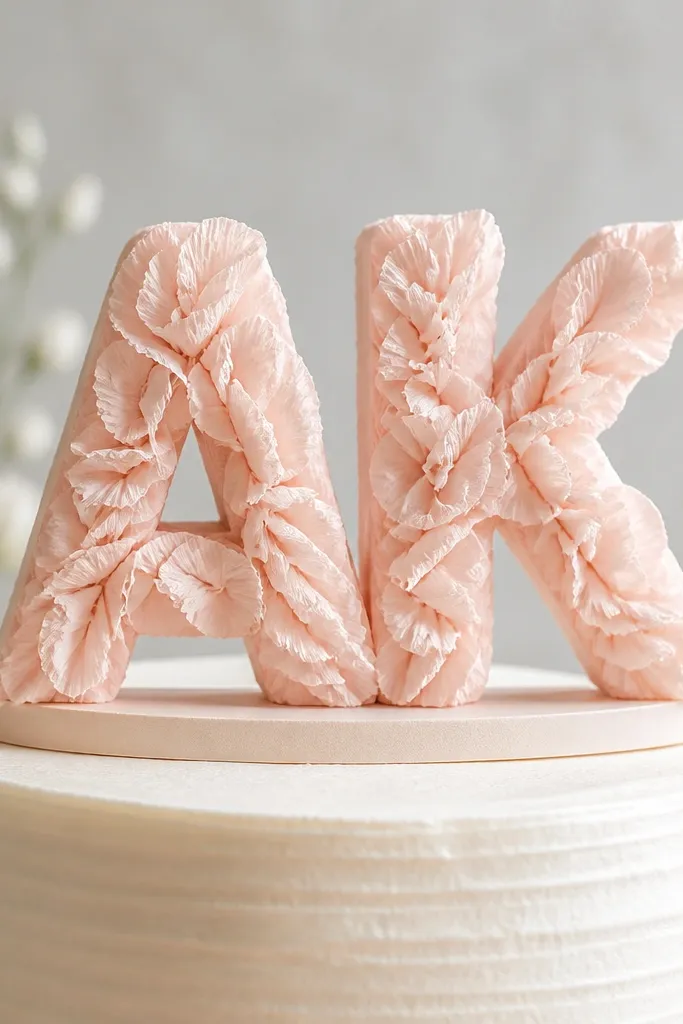 A cake topper that spells initials using foam letters wrapped in crepe paper. The letters have a soft, petal texture and sit on a small base.