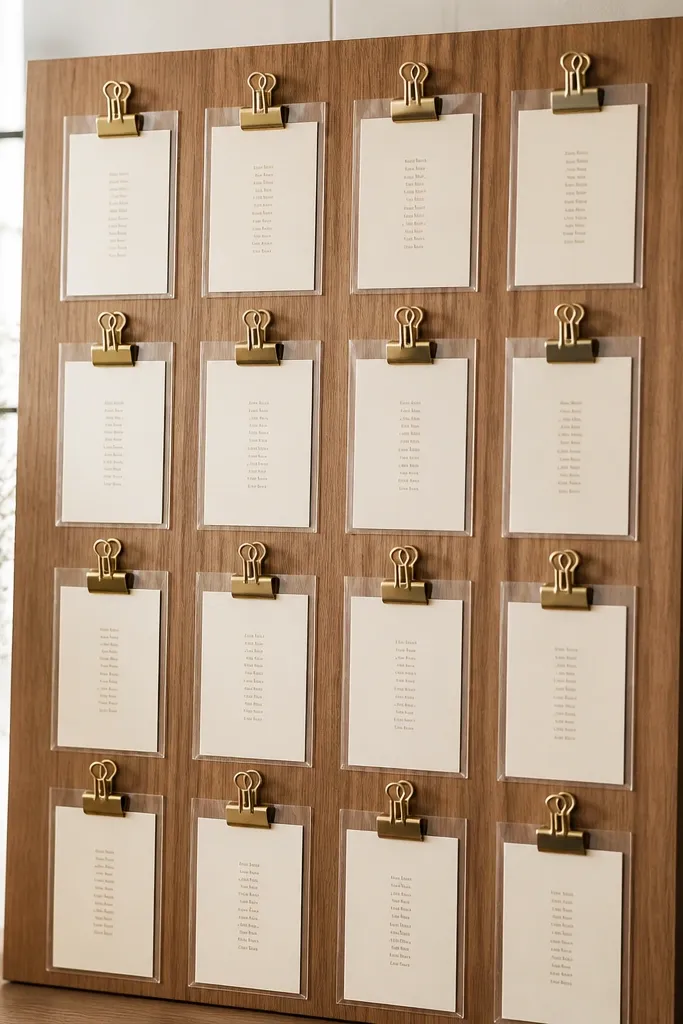 A seating chart display where individual cards sit in clear sleeves clamped by large binder clips to a board. The cards are cream with black text, and the board is simple wood.