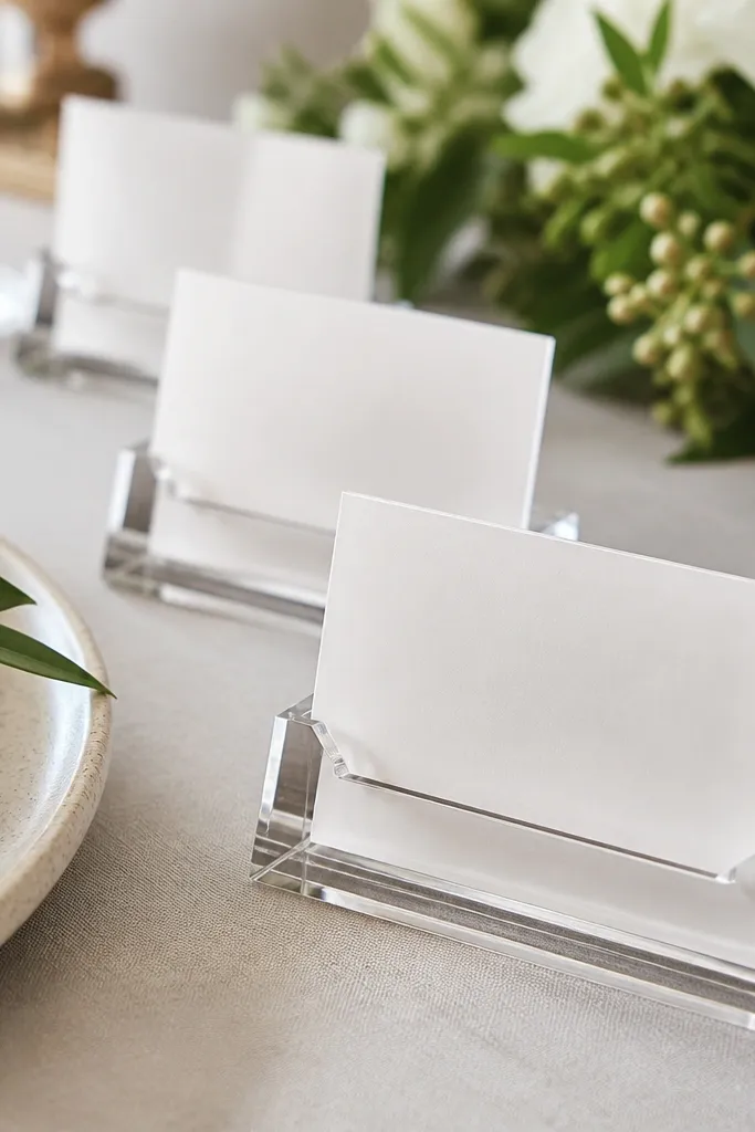 Clear acrylic place card holders on a table. The holders have tiny felt pads on the base so they don't slide. Place cards sit at a slight angle, and the edges reflect light.