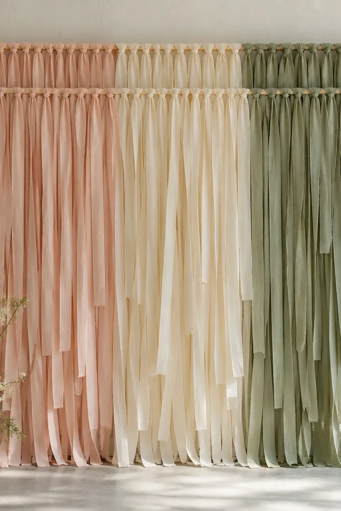 A photo wall backdrop made of long crepe paper ribbons hanging from two horizontal dowels. Colors are grouped in sections: blush, cream, and a muted sage. The ribbons fall in layered waves.