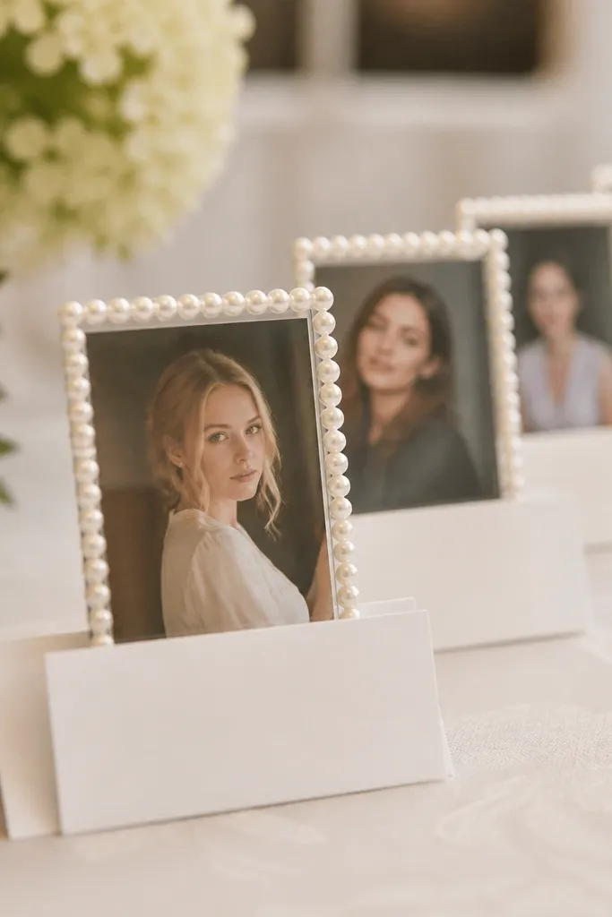 A row of small white cardstock place cards on a table, each card holding a tiny portrait frame made from a thin clear acrylic rectangle. The frame edges are wrapped with small faux pearls in a straight line, and the photo sits behind the acrylic like a display window.
