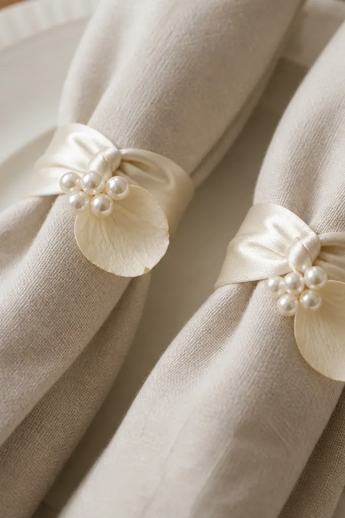 Ivory satin ribbon napkin rings wrapped around folded napkins, each ring tied with a small knot. At the front of each ring is a tiny cluster of faux pearls and one cream silk flower petal cutout.