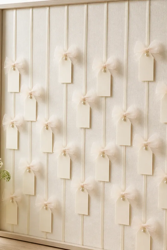 A vertical ribbon board with multiple thin strings hanging down. Each string holds a small tulle bow and a name tag stamped onto cream cardstock, with a tiny faux pearl at the top where the tag attaches.