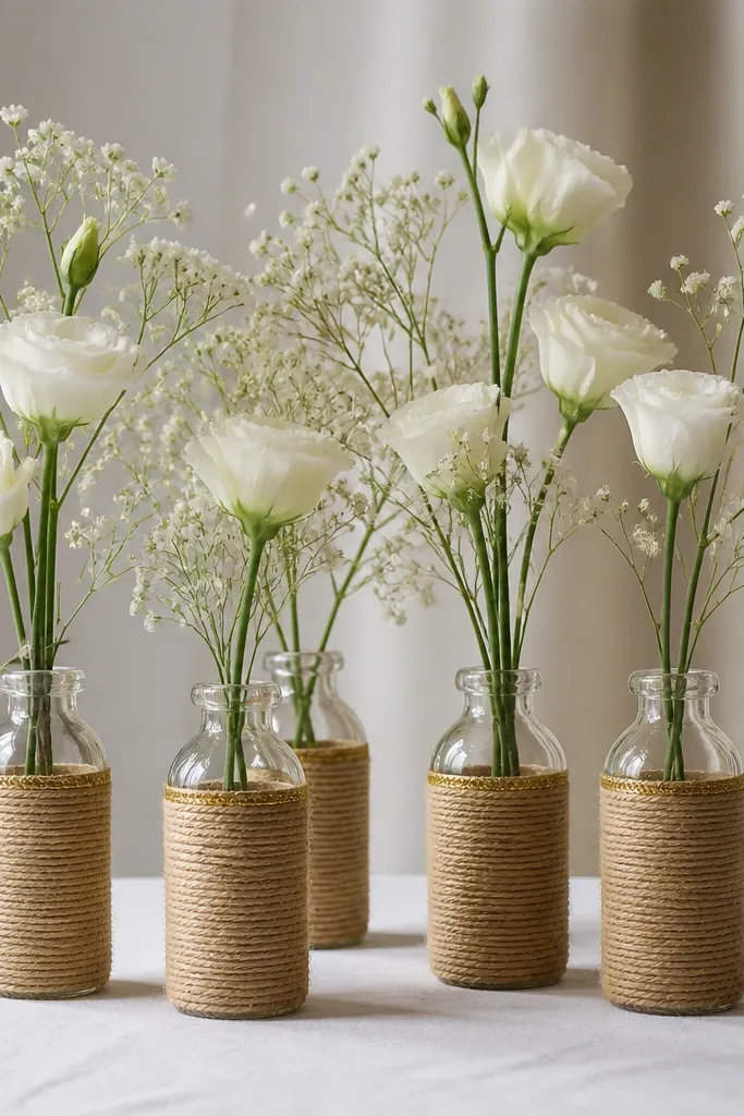 Small glass bottles wrapped in coarse beige twine. The twine is finished with a thin gold paint line near the top, and each bottle holds one long-stem white flower with baby's breath.