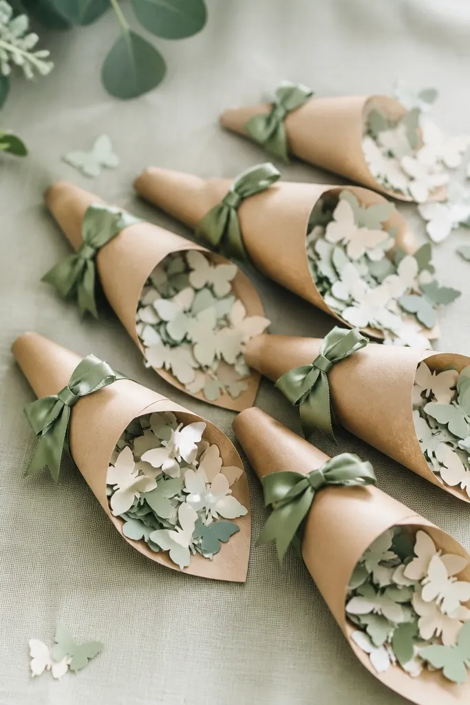 A set of small kraft paper cones filled with tiny butterfly-shaped paper cutouts. Each cone has a twist tie and a mini satin ribbon bow in sage green, sitting on a table runner.