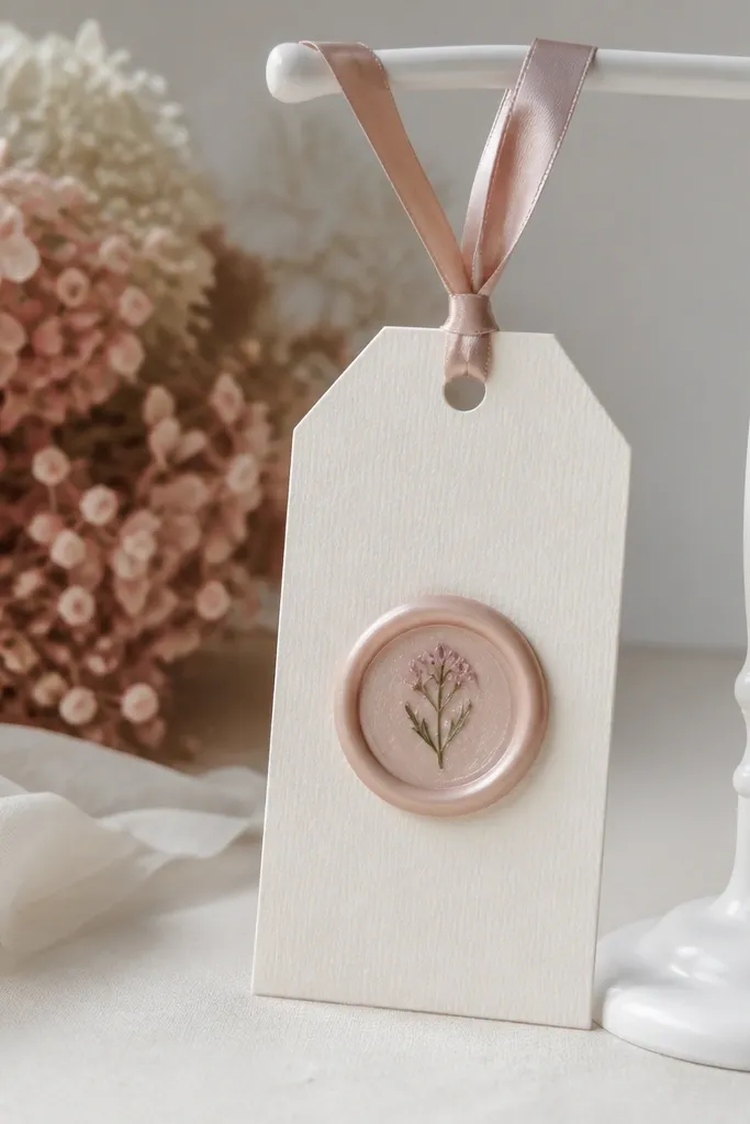 Cream cardstock tags with a round wax seal impression in soft rose. Inside the seal is a tiny pressed flower, and the tag hangs from a satin ribbon tied to a small white display stand.