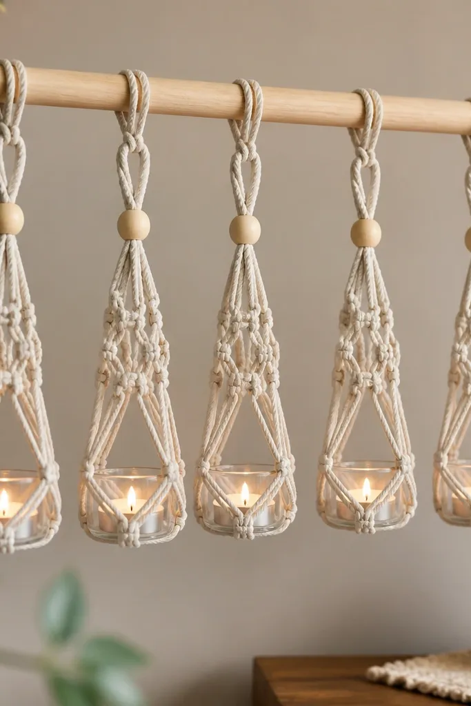 A set of small macramé hangers holding tea lights, each with a wooden bead at the top and a neat loop pattern. The hangers hang from a light wooden dowel with twine knots.