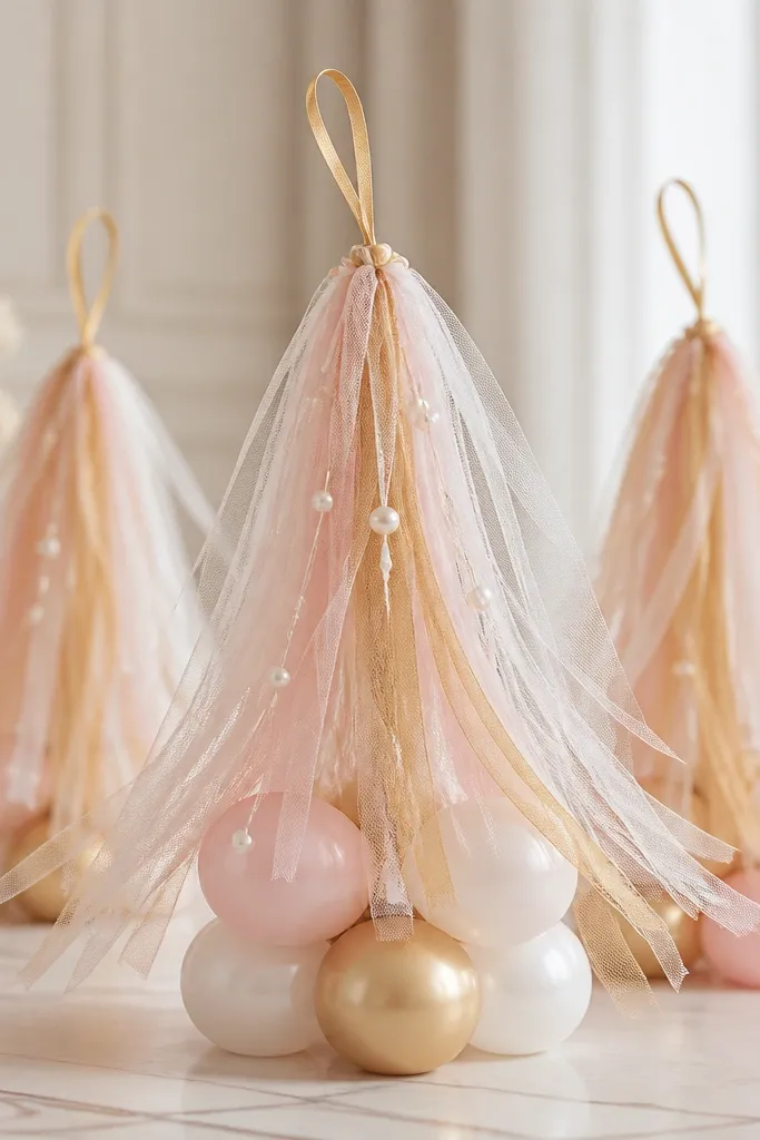 Small balloon tassel centerpieces with tulle strands and faux pearls attached to a mini balloon base. The tassels spill outward, and a thin gold ribbon loop hangs from the top.