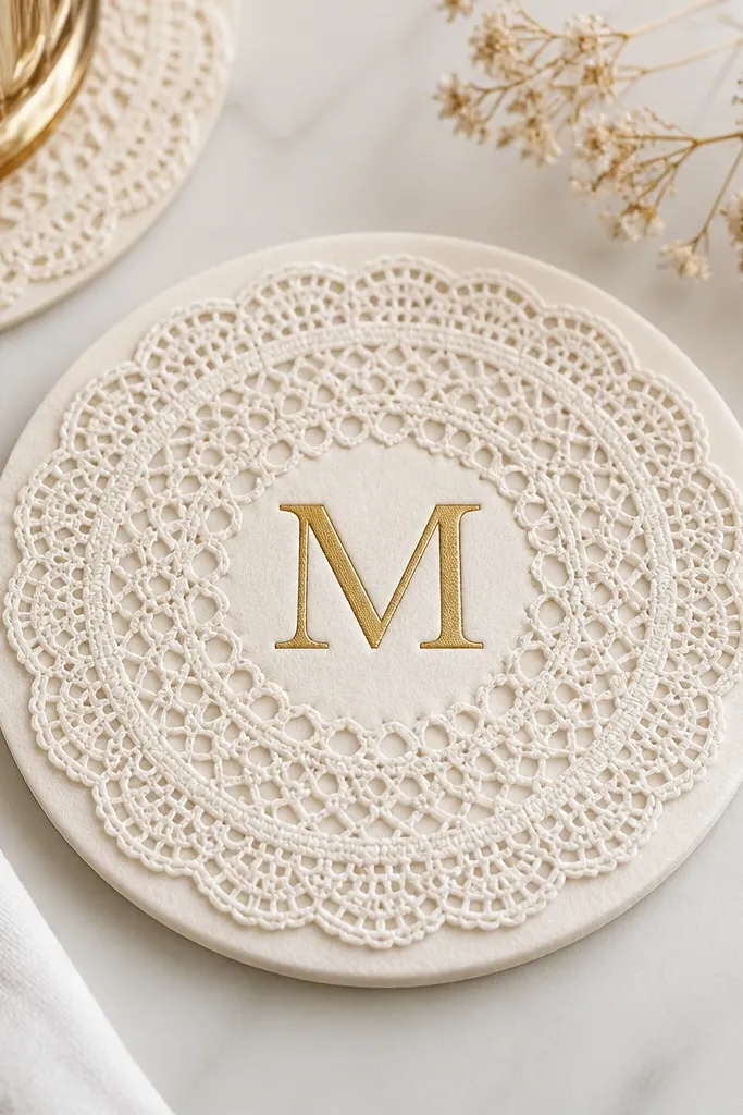 Round cream lace coasters with a single monogram initial in gold heat-transfer vinyl at the center. The lace sits on a thick felt base and looks flat and smooth.