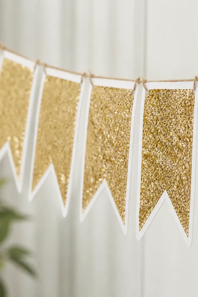 A banner with large letters cut from cardstock and covered in small gold sequins. Each letter is backed with a matte white card, and the letters hang from a twine line.