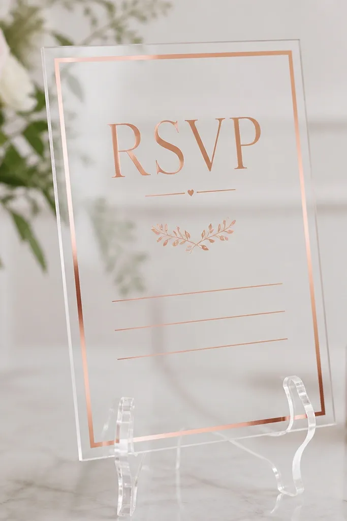 A clear acrylic sign with a rose-gold vinyl title reading "RSVP" and smaller details. The sign stands on a small acrylic easel and has a rose-gold border line.