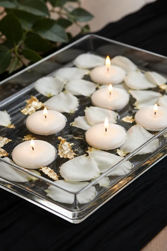 A clear rectangular glass tray filled with water and floating candles. Small white rose petals and a few gold leaf flakes float near the edges, and the tray sits on a dark table runner for contrast.
