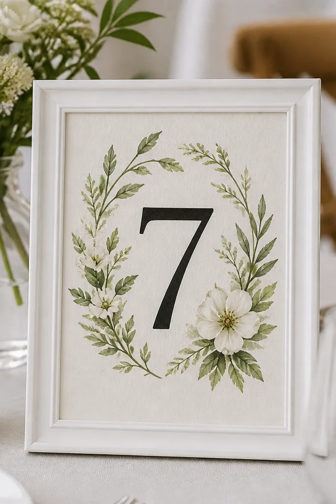 Table numbers displayed in small white frames. Each card has a watercolor-style botanical illustration with a bold black number in the center, like number 7, on cream paper.