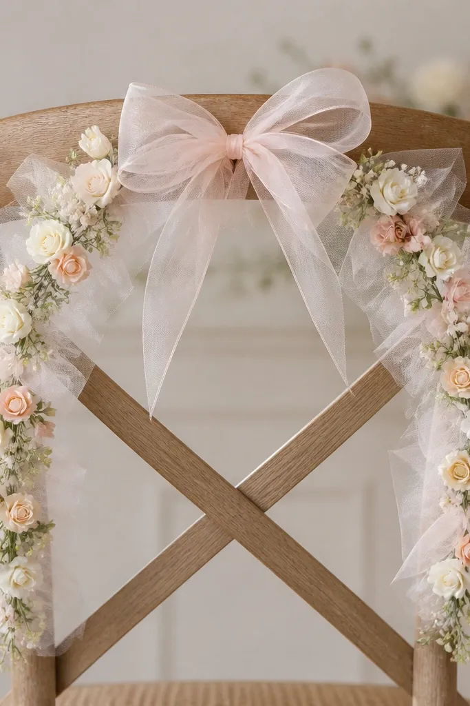 A chair back decorated with a curved garland of tulle and small faux flowers. The garland forms an arch shape and ties with a ribbon bow at the top.