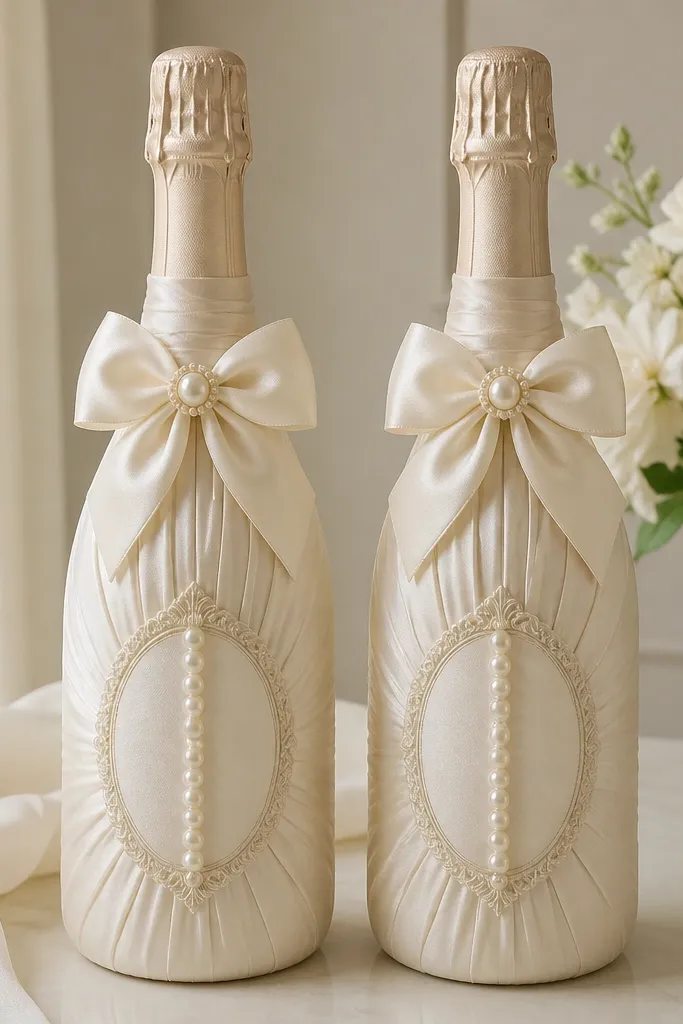 Two champagne bottles wrapped in ivory satin fabric. Each bottle has a label area with printed names and a vertical strip of faux pearls down the center, plus a small bow at the neck.
