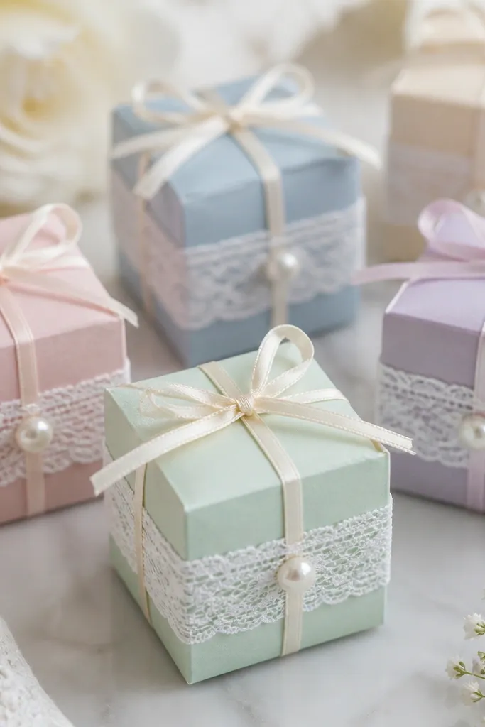 Small square favor boxes in pastel colors, each with a lace band wrapping around the middle. A tiny faux pearl sits where the lace band meets, and the boxes are tied with thin satin ribbon.