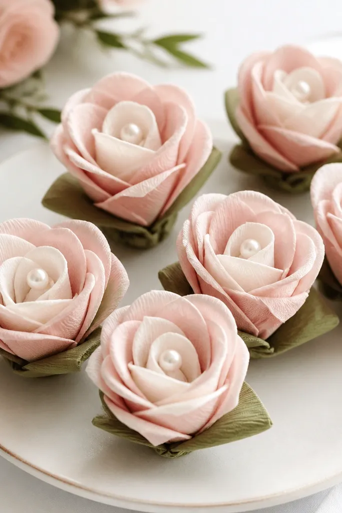 Folded napkins arranged into small crepe paper flower shapes. Each napkin flower has layered petals in blush and cream, with a tiny green leaf base and a pearl in the center.