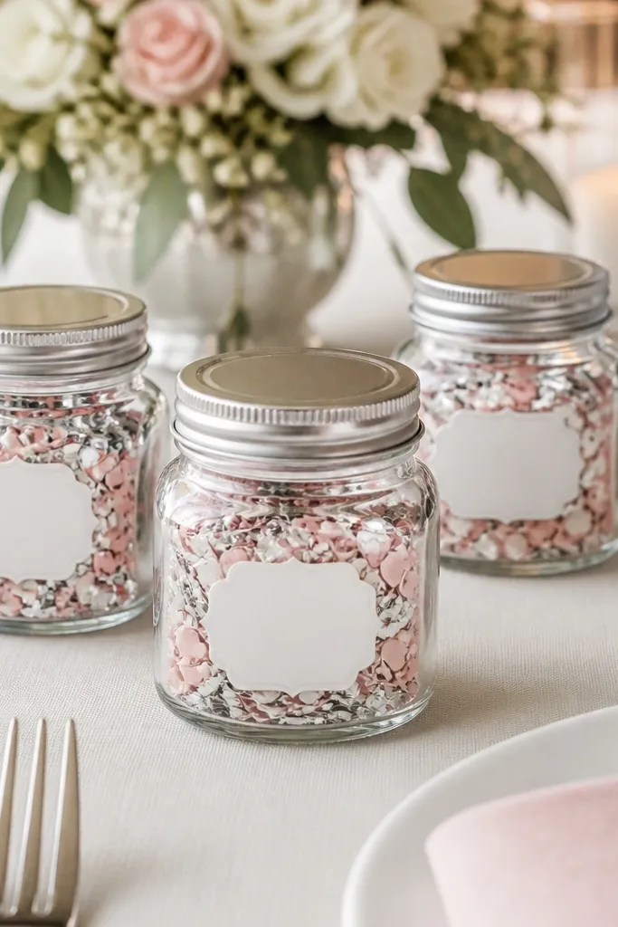 Small clear glass jars with metal lids on a dining table. Inside are silver and soft pink confetti pieces shaped like hearts and tiny rectangles, and each jar has a white label with a date and table number.