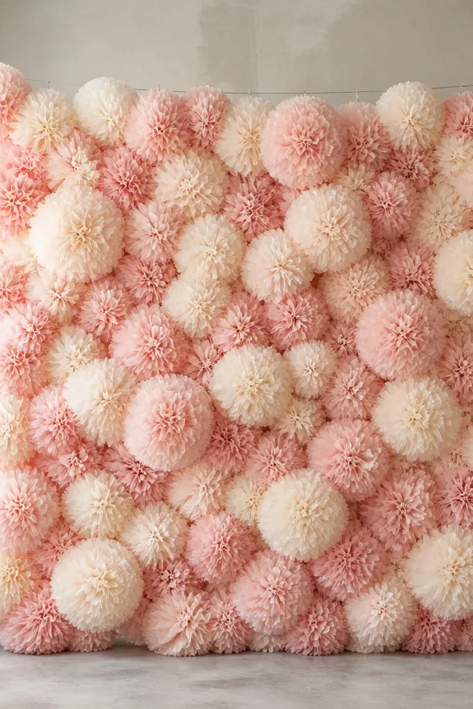 A wall backdrop made of layered tissue paper poms in blush pink and pale cream. Each pom has a soft, fuzzy texture, and the backdrop is hung from a thin wire line.