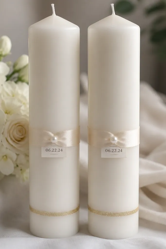Two tall unity candles with a thin dip of soft gold glitter glue near the bottom. Each candle has a cream ribbon band with a small printed date label and a faux pearl pin.