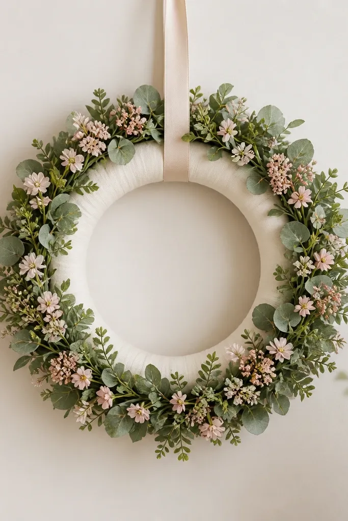 A circular wreath made from a foam ring wrapped in cream fabric, filled with faux greenery and small blush flowers. The wreath hangs by a satin ribbon loop and has a neat, full edge.