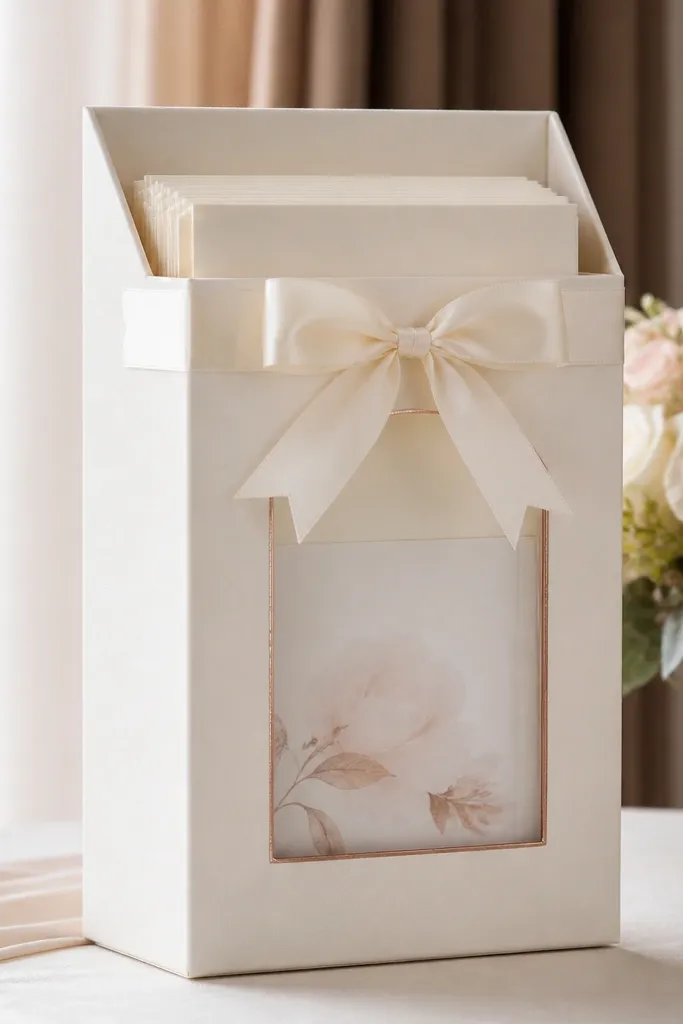 A tall holder for ceremony programs made from cardboard wrapped in ivory satin. The front has a small acrylic window and a simple rose-gold vinyl title, with a bow at the top.