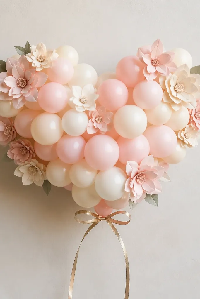A small heart-shaped balloon cluster made with pale pink and cream balloons. Around the heart are small paper flowers made from layered cardstock, plus a thin gold ribbon bow at the bottom.