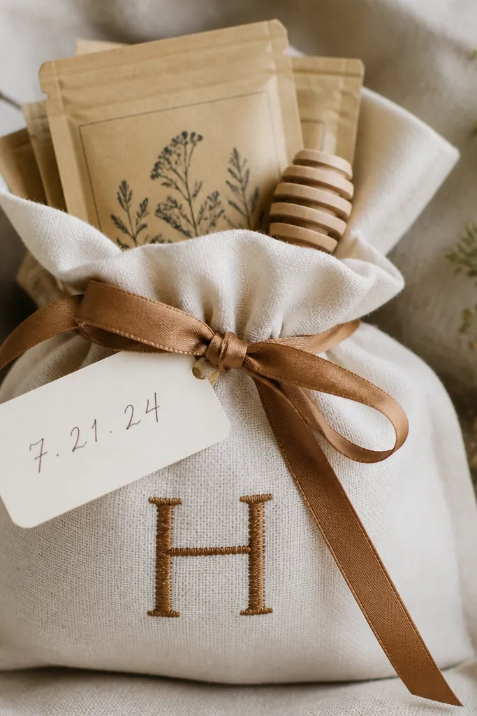 A cream linen pouch with a stitched monogram in warm brown thread, tied with a narrow satin ribbon. Inside are small kraft paper tea sachet packets, a tiny wooden honey dipper, and a tag that reads with a handwritten date.