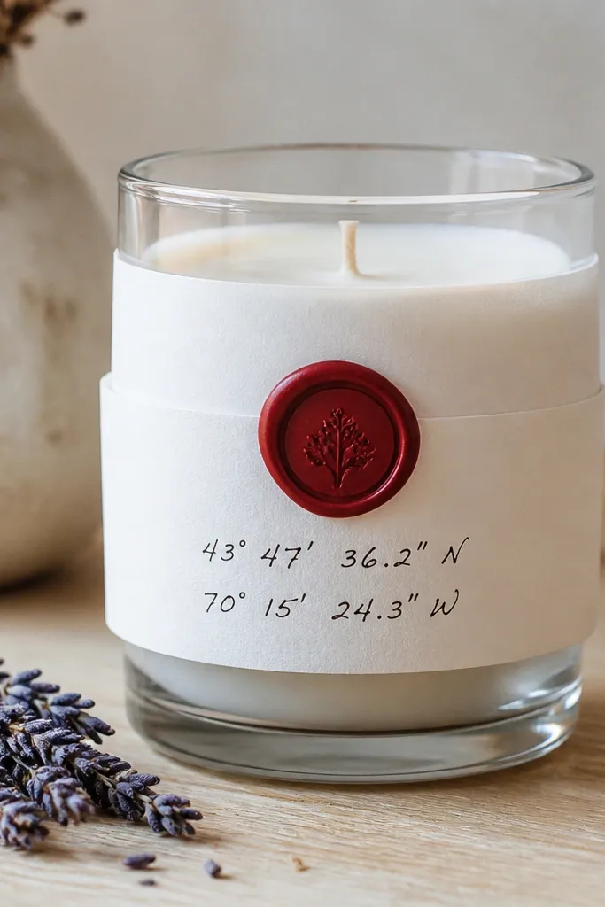 A clear glass candle jar with a white paper wrap label. The label has black handwritten map coordinates, topped with a red faux wax seal stamped with a simple symbol. The jar sits on a light wood table with a small sprig of dried lavender.