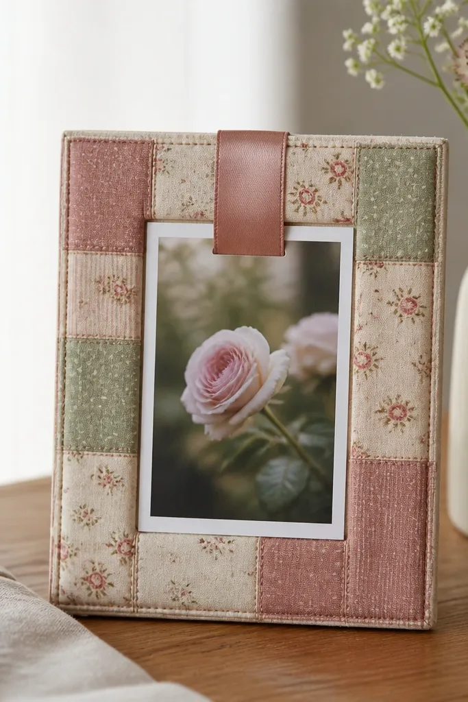 A small wooden photo frame covered with patchwork fabric scraps in cream, dusty rose, and muted sage. One vertical ribbon loop in matching satin hangs from the top, holding a photo. The edges are clean with a thin seam line.