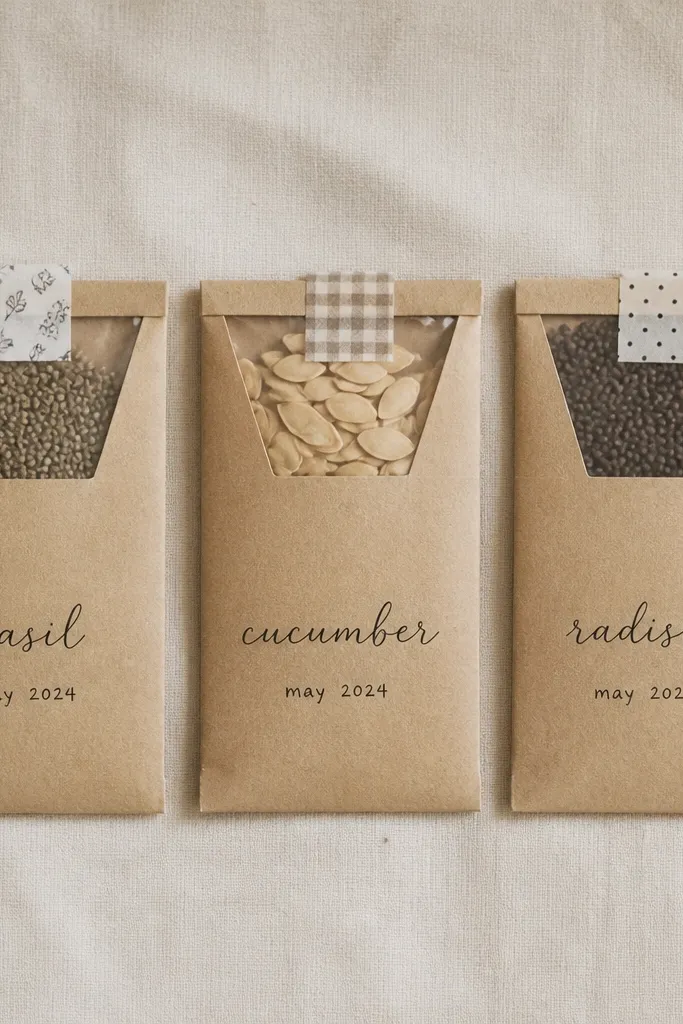 Three kraft seed packets with hand-lettered names and dates. Each packet is sealed with a thin strip of washi tape. The seeds are visible at the top through a clear window made from thin plastic.