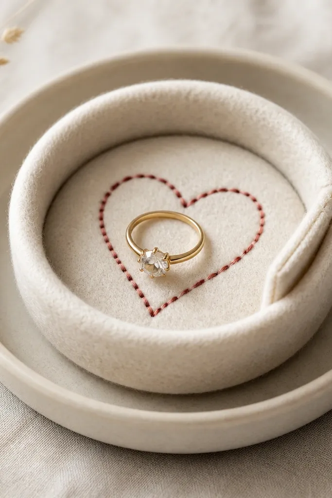 A small round felt ring dish in cream. It has a stitched outline heart in muted red and a tiny pocket on the side. The dish sits in a shallow saucer with a ring placed in the center.