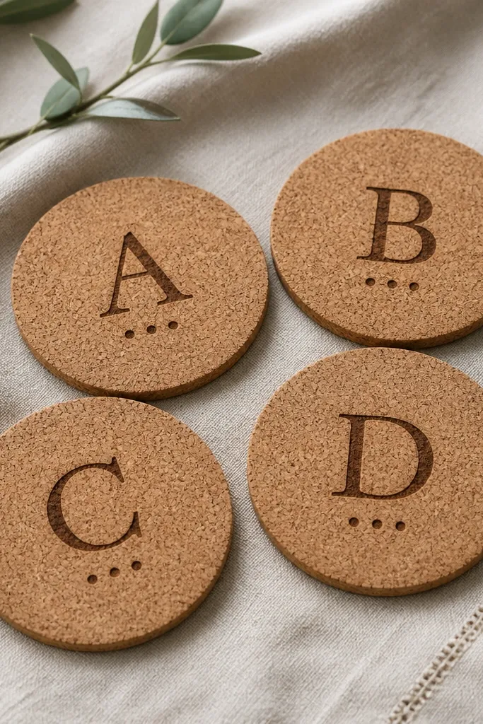 Four cork coasters with clean edges. Each has a single-letter initial burned into the center in dark brown, with a small dot pattern below it. The set sits on a linen napkin.