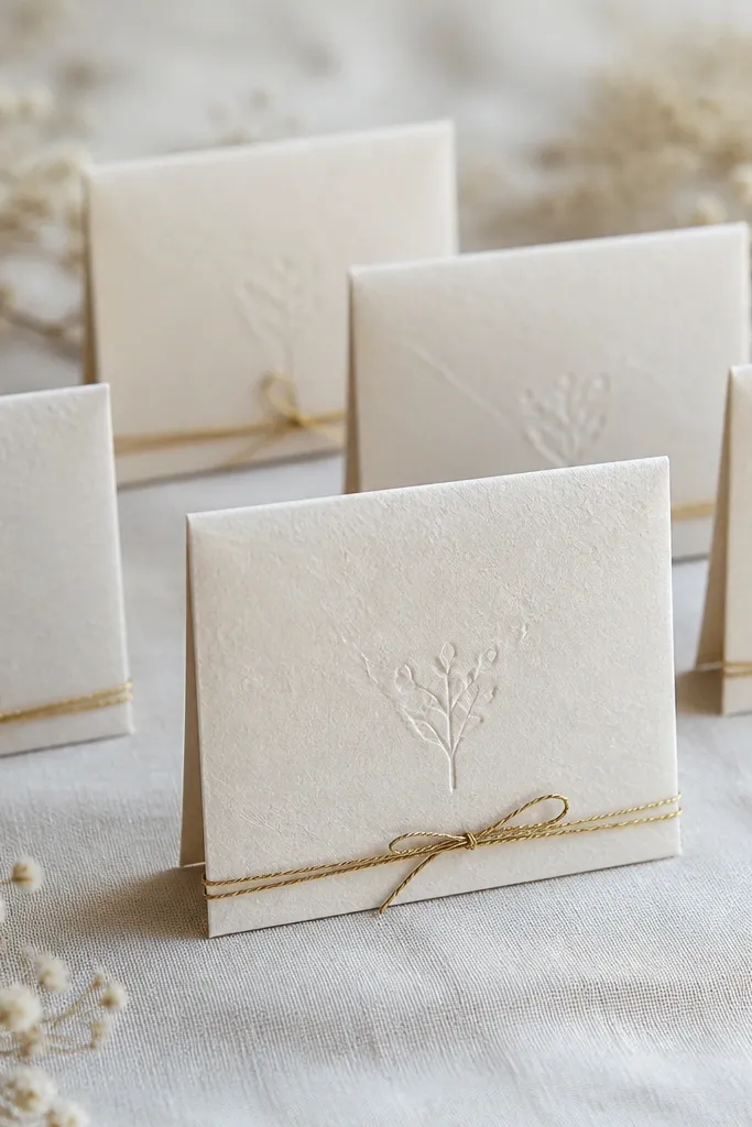A set of small place-card holders made from thick cream cardstock wrapped with waxed paper. Each has a subtle embossed wedding date in the center, and a thin gold string tied around the base.