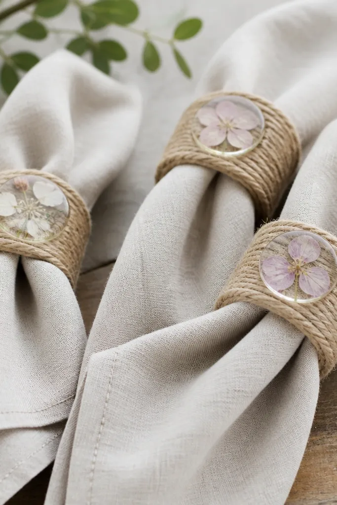 Four napkin rings wrapped in natural twine. Each ring has a small clear resin dome or glued window showing a pressed white and pale pink flower. The rings sit on a table with folded linen napkins.