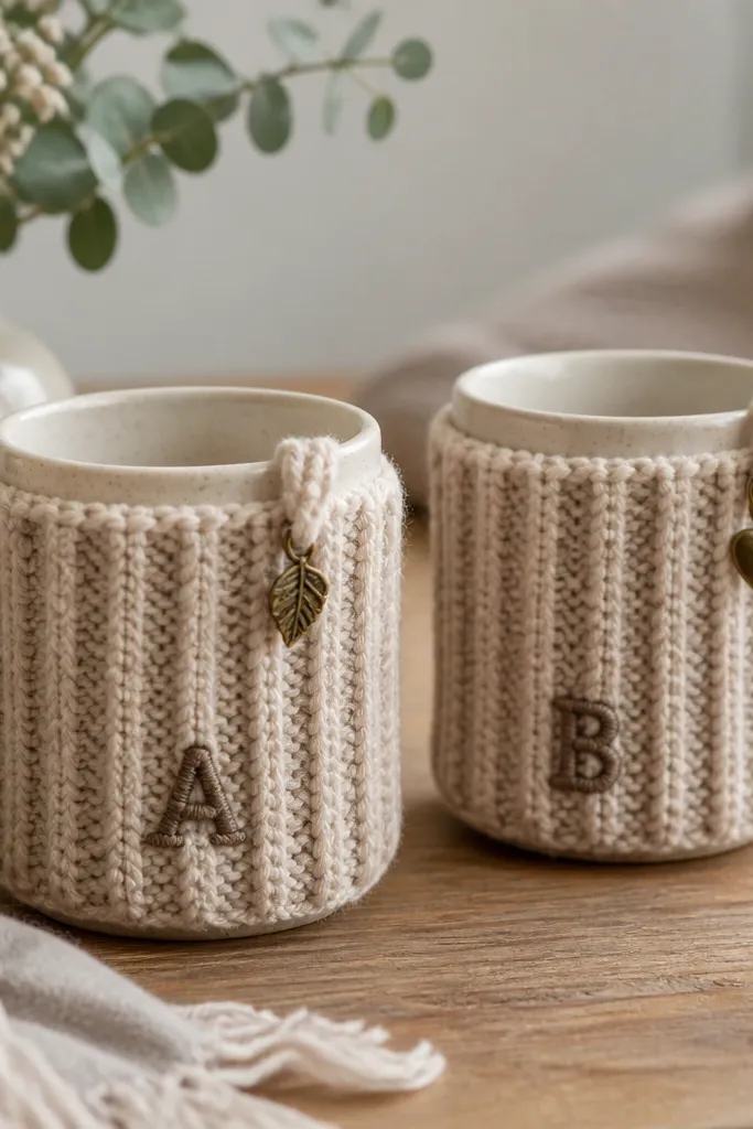 A set of two mug cozies in oatmeal yarn with a ribbed texture. Each has a small stitched initial on the front and a tiny charm attached near the top loop. The cozies fit around standard ceramic mugs.