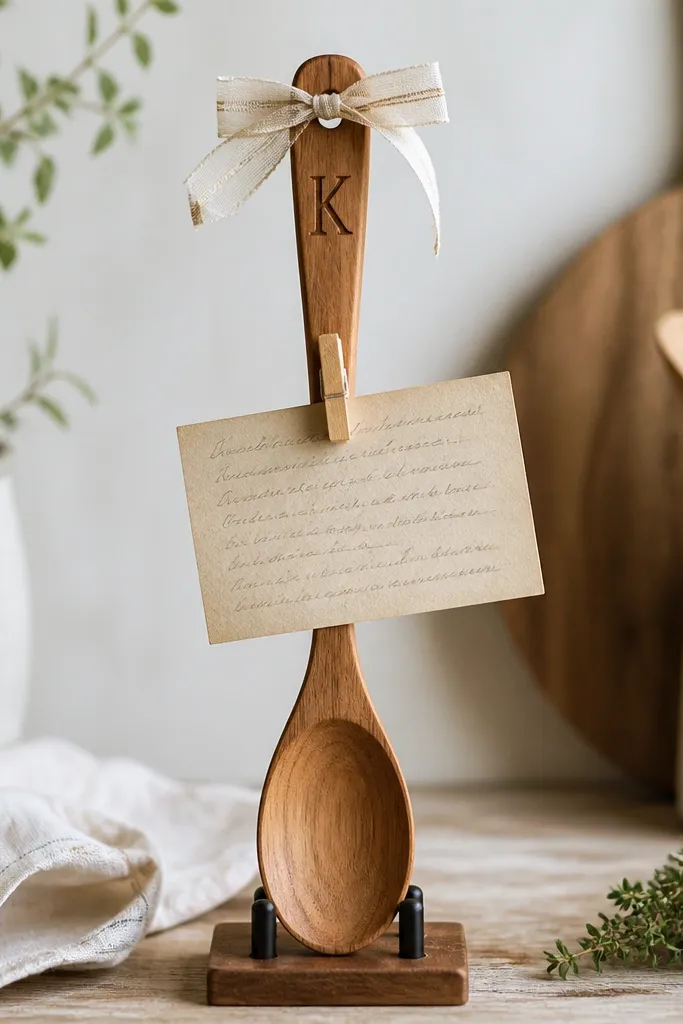 A wooden spoon displayed upright in a small stand with a tiny handwritten recipe card clipped to it. The spoon has a carved or burned initial on the handle and a small ribbon at the top.