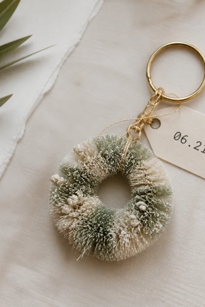 A small bottle-brush wreath about 3 inches wide in muted sage and cream. A thin gold string hangs from the top with a tag that has the wedding date written in black ink. The wreath sits on a keyring.