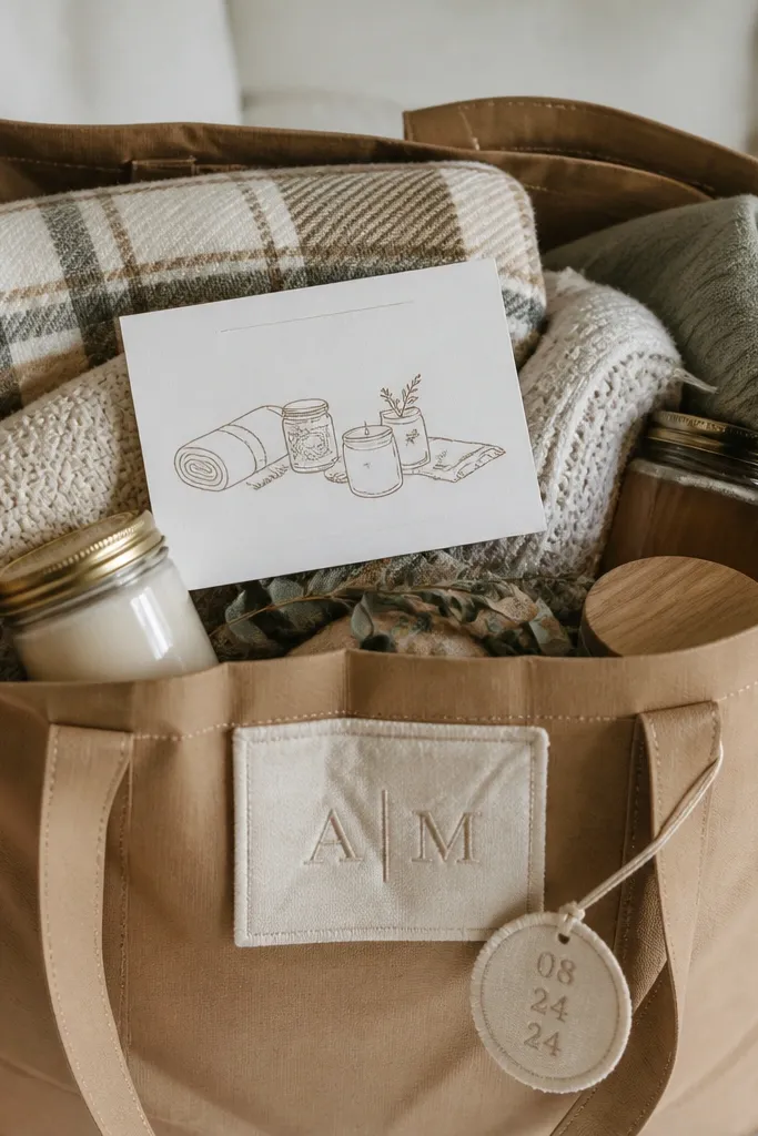 A kraft paper tote bag filled with folded blankets and small jars. The tote has a stitched fabric label with their initials and a simple date badge. A small card sits on top with instructions for the first night setup.