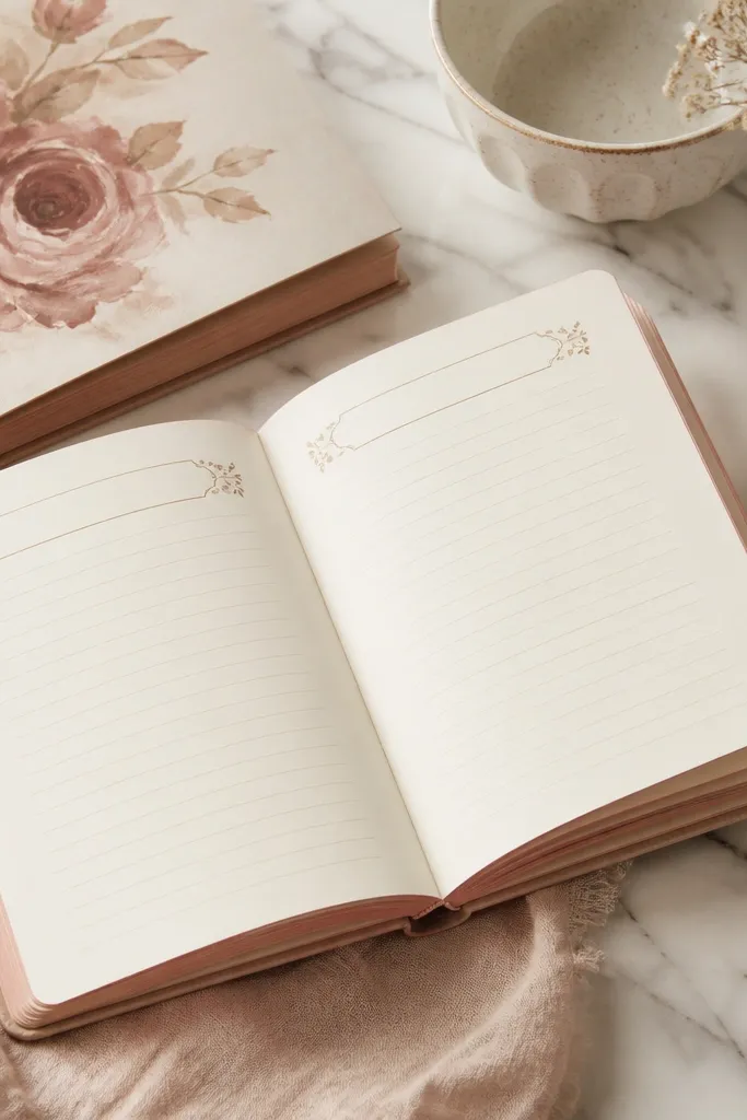 A small booklet with a hand-painted cover in warm cream and dusty rose. The edges of the pages are brushed with a subtle tint. Inside are blank recipe pages with neat lines and a printed header area for titles.