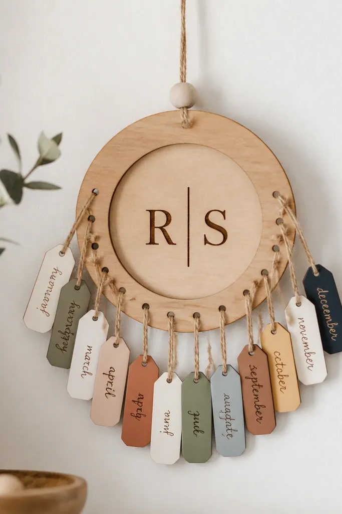 A small hanging ornament made from a wooden ring. It has 12 mini tags in cream and accent colors, each with a month name handwritten. The tags hang from thin twine and frame the center where initials are burned into the wood.