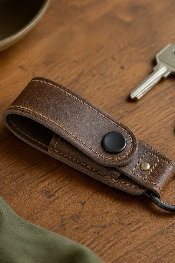 A brown thrift leather belt turned into a key fob. The fob has a stitched loop for keys and a small hidden pocket on the underside, closed with a black snap. A tiny brass rivet sits near the snap. Background shows a wooden desk and a few keys.