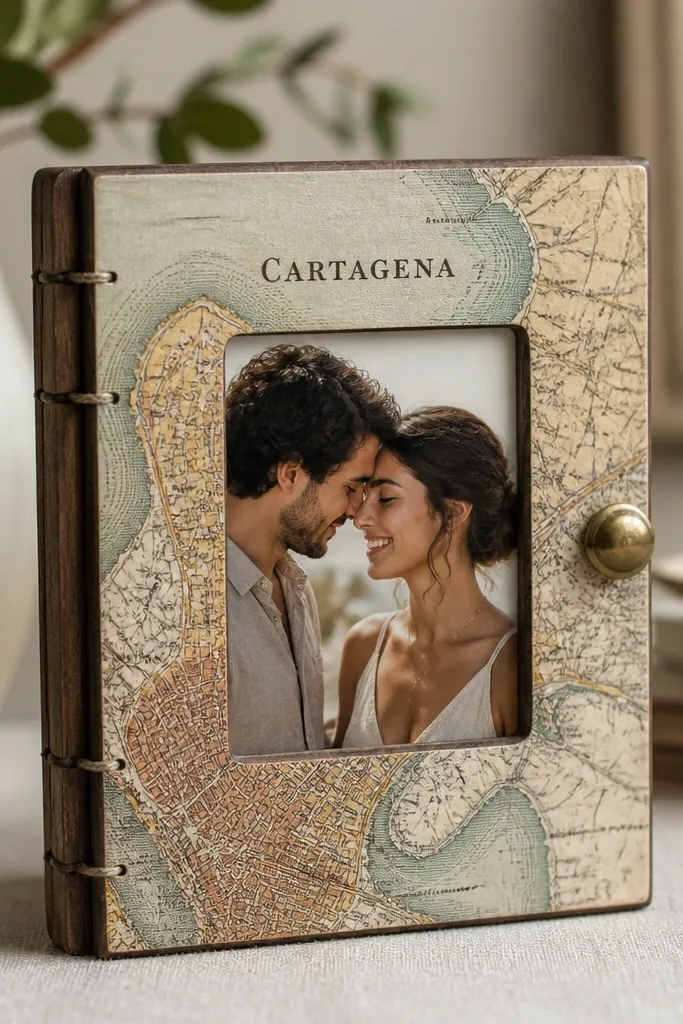 A small picture frame made from a thrift wood frame. The front is covered with a vintage map page, with the city name aligned near the top. A photo of a couple sits in the center. The frame has a visible hinge made from waxed thread and a small brass button catch.
