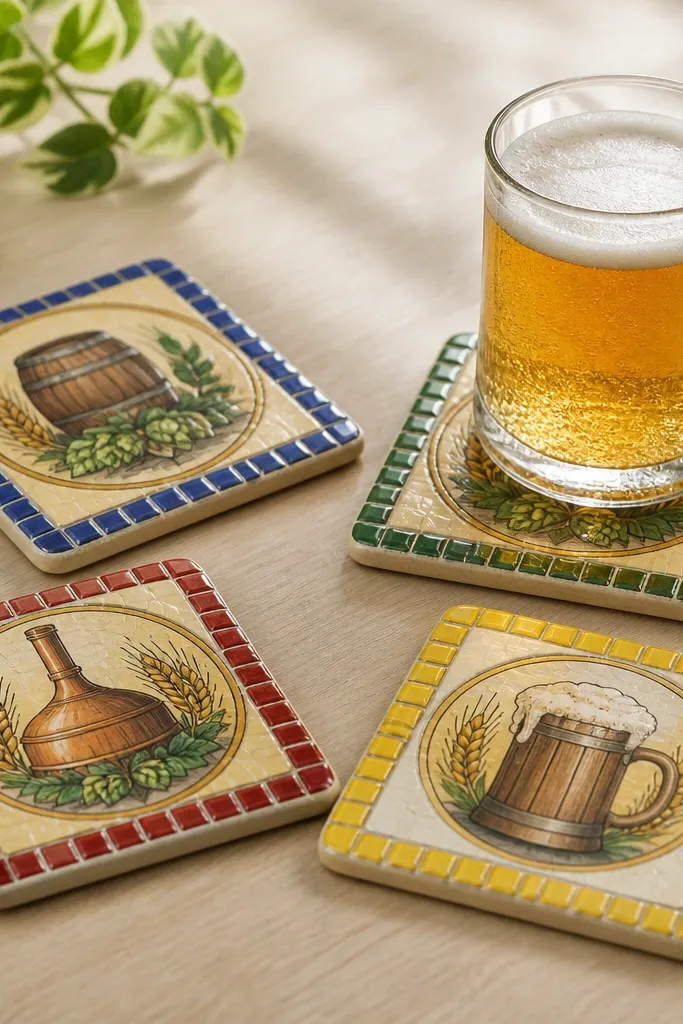 Four square coasters made from small ceramic tile pieces. Each coaster has a printed beer-label-style design with a different color border. The tiles have rounded corners and a clear glossy top coat. A glass mug sits on one coaster.
